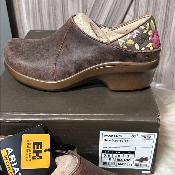 Ariat Hera Expert Clog - Women's 7.5 Distresses Brown with Floral Pattern - Picture 3 of 8